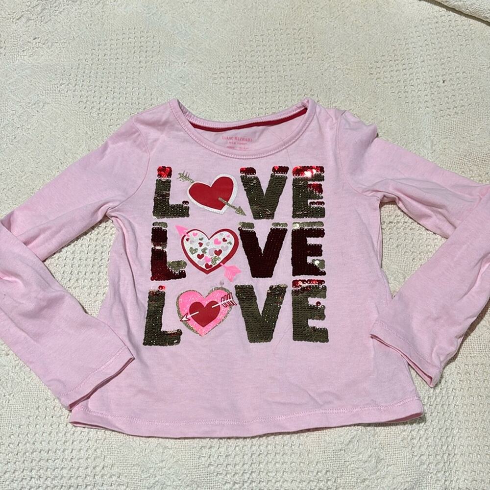 Issac Mizrahi 5/6 pink long sleeve love tee shirt sequined flip like new EUC